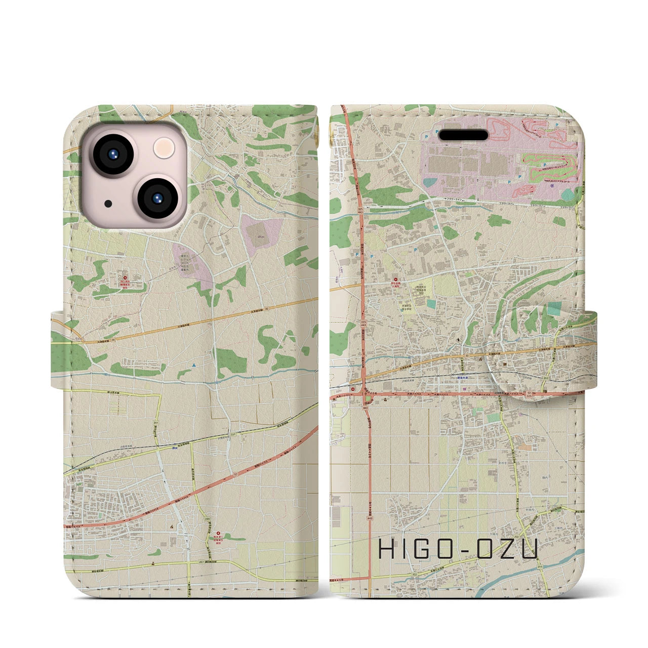 【肥後大津(熊本県)】地図柄iPhoneケース(手帳タイプ)ナチュラル・iPhone 13 mini 用