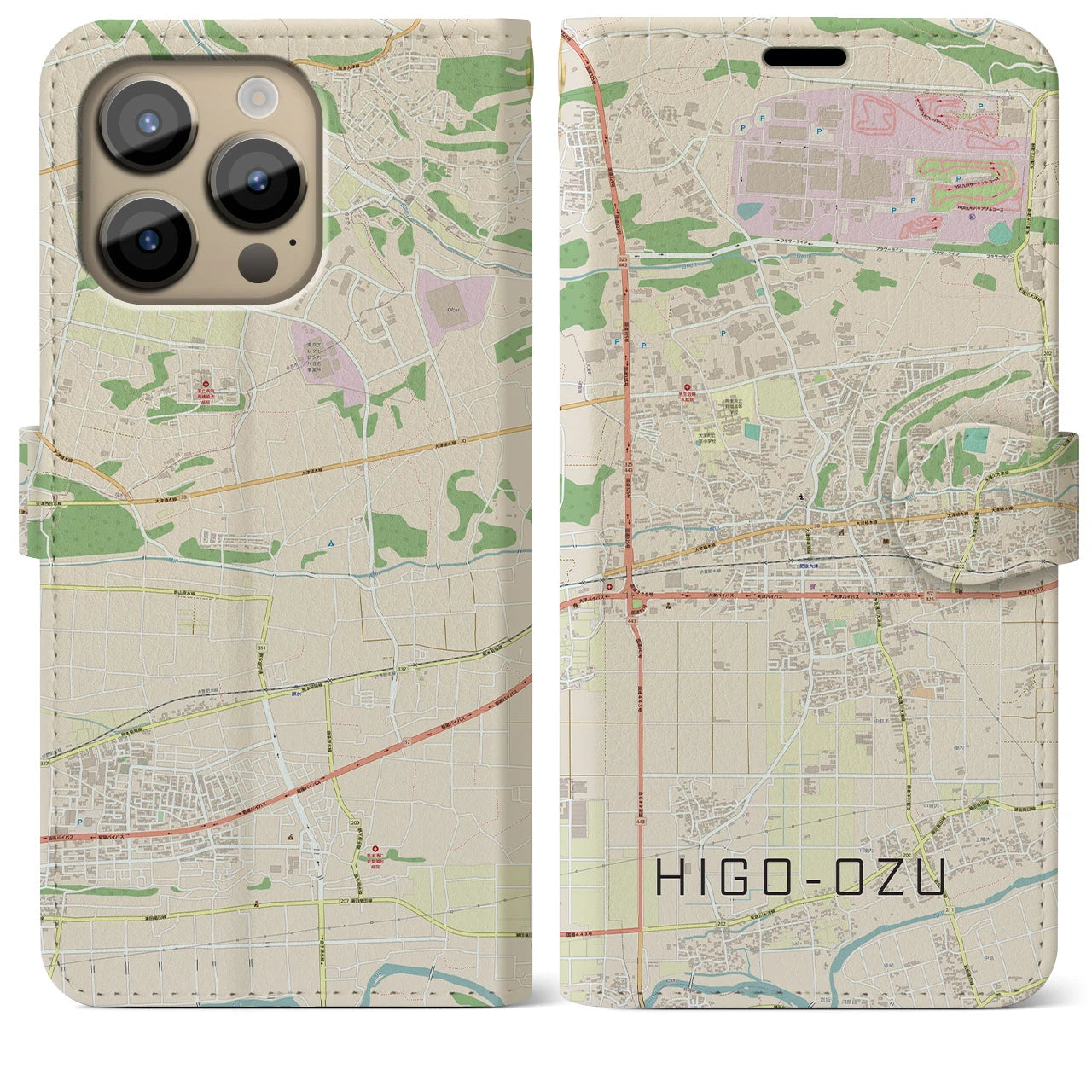 【肥後大津(熊本県)】地図柄iPhoneケース(手帳タイプ)ナチュラル・iPhone 14 Pro Max 用