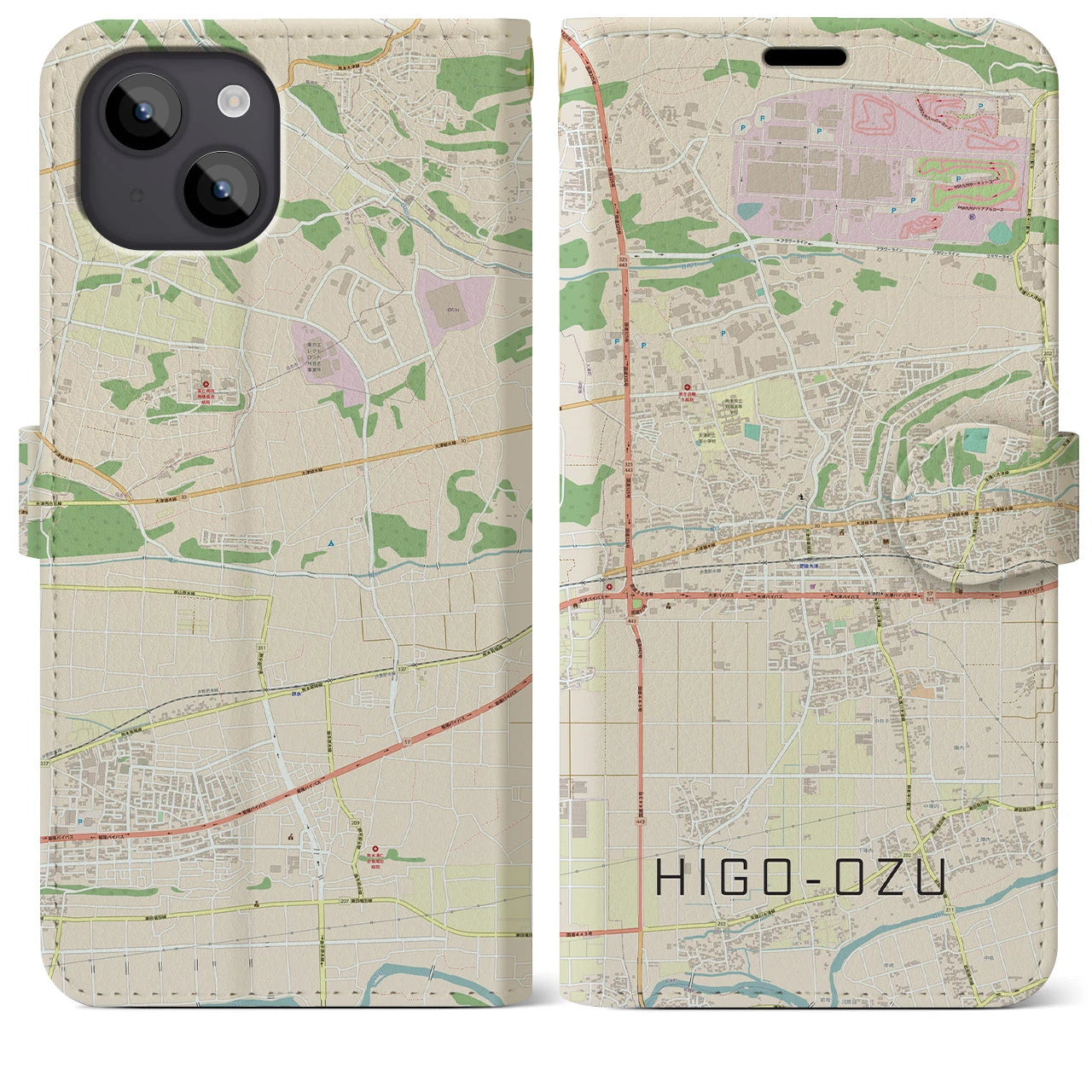 【肥後大津(熊本県)】地図柄iPhoneケース(手帳タイプ)ナチュラル・iPhone 14 Plus 用