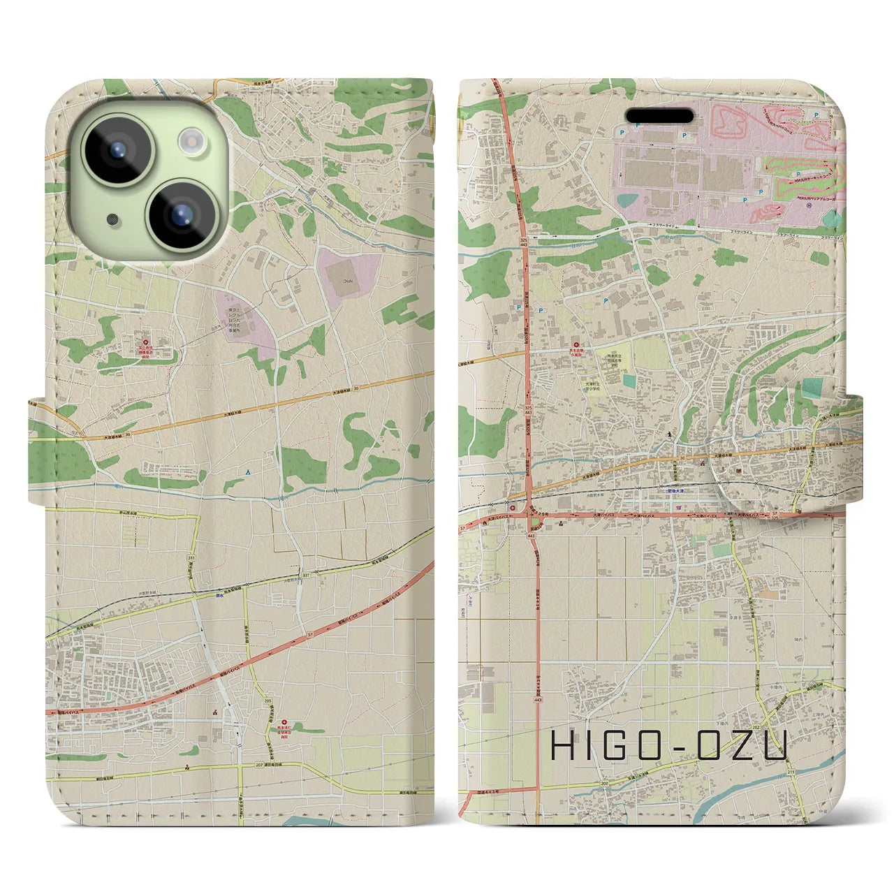 【肥後大津(熊本県)】地図柄iPhoneケース(手帳タイプ)ナチュラル・iPhone 15 用