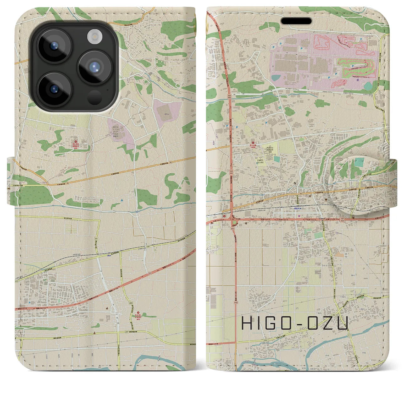 【肥後大津(熊本県)】地図柄iPhoneケース(手帳タイプ)ナチュラル・iPhone 15 Pro Max 用
