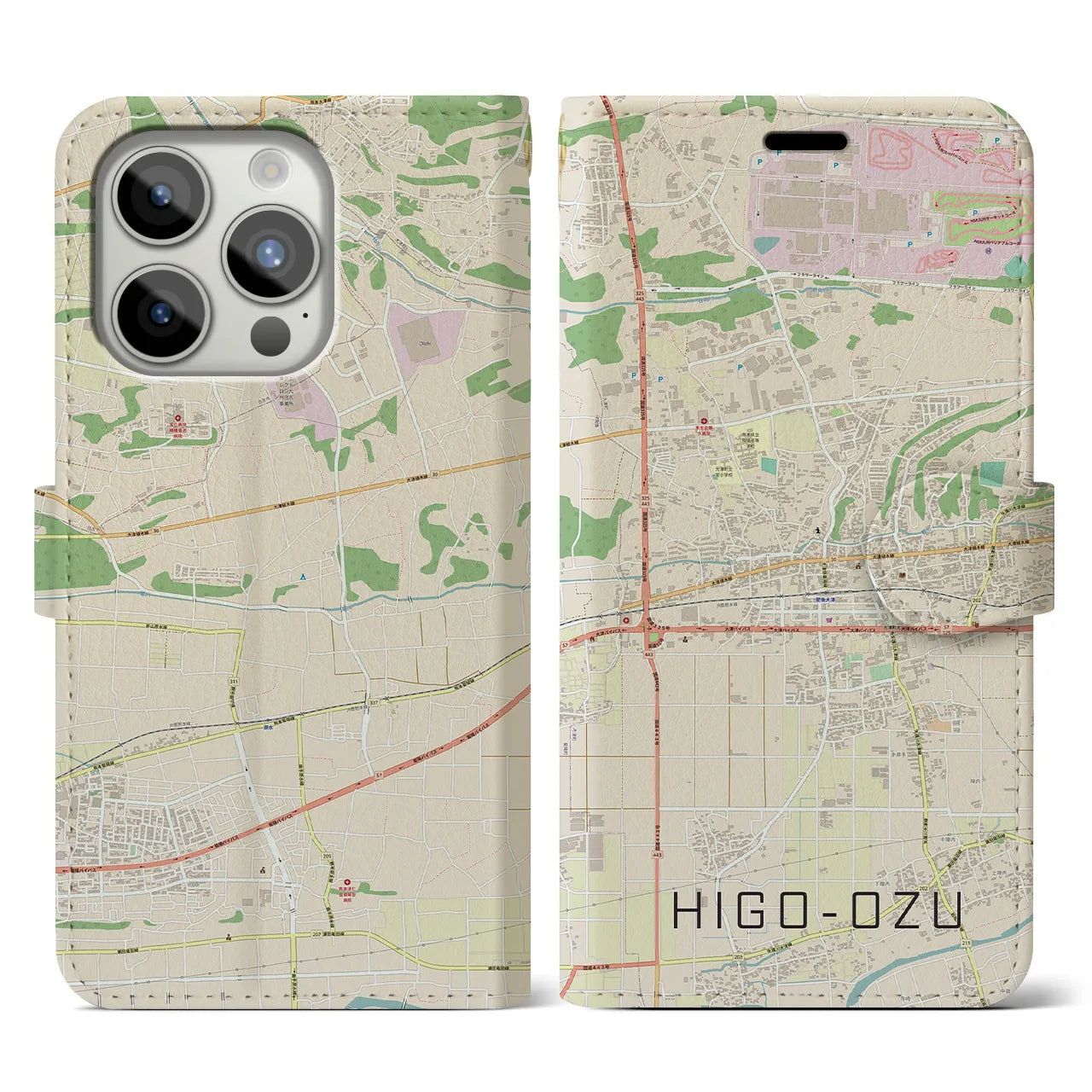 【肥後大津(熊本県)】地図柄iPhoneケース(手帳タイプ)ナチュラル・iPhone 15 Pro 用