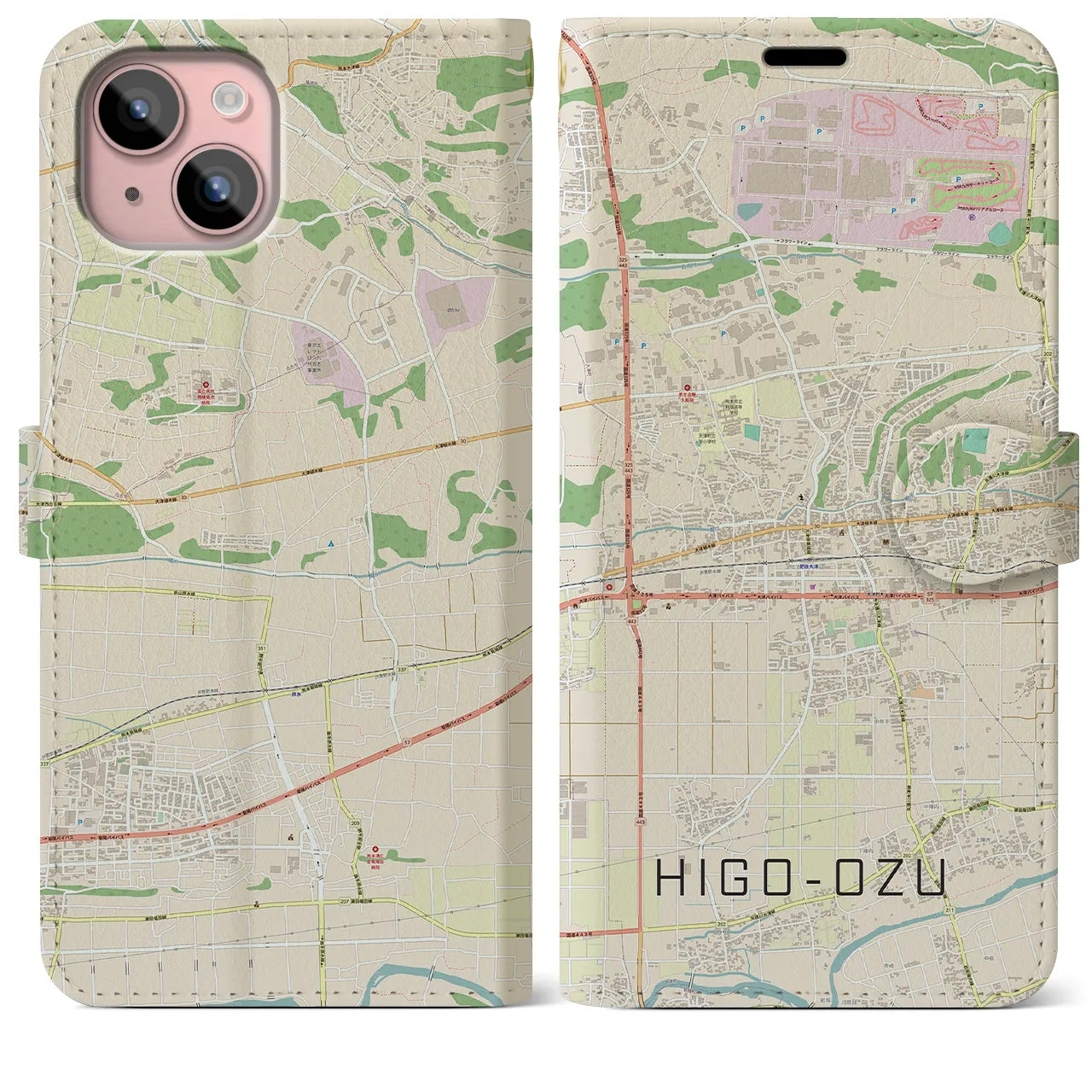 【肥後大津(熊本県)】地図柄iPhoneケース(手帳タイプ)ナチュラル・iPhone 15 Plus 用