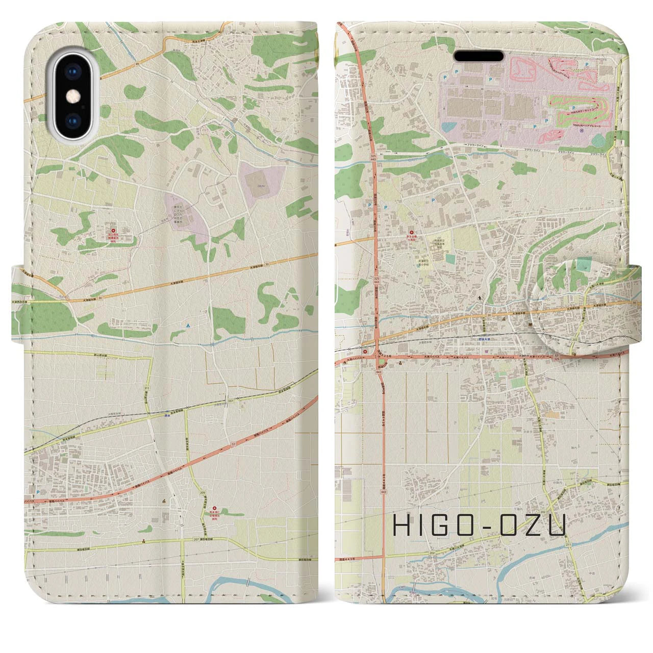 【肥後大津(熊本県)】地図柄iPhoneケース(手帳タイプ)ナチュラル・iPhone XS Max 用