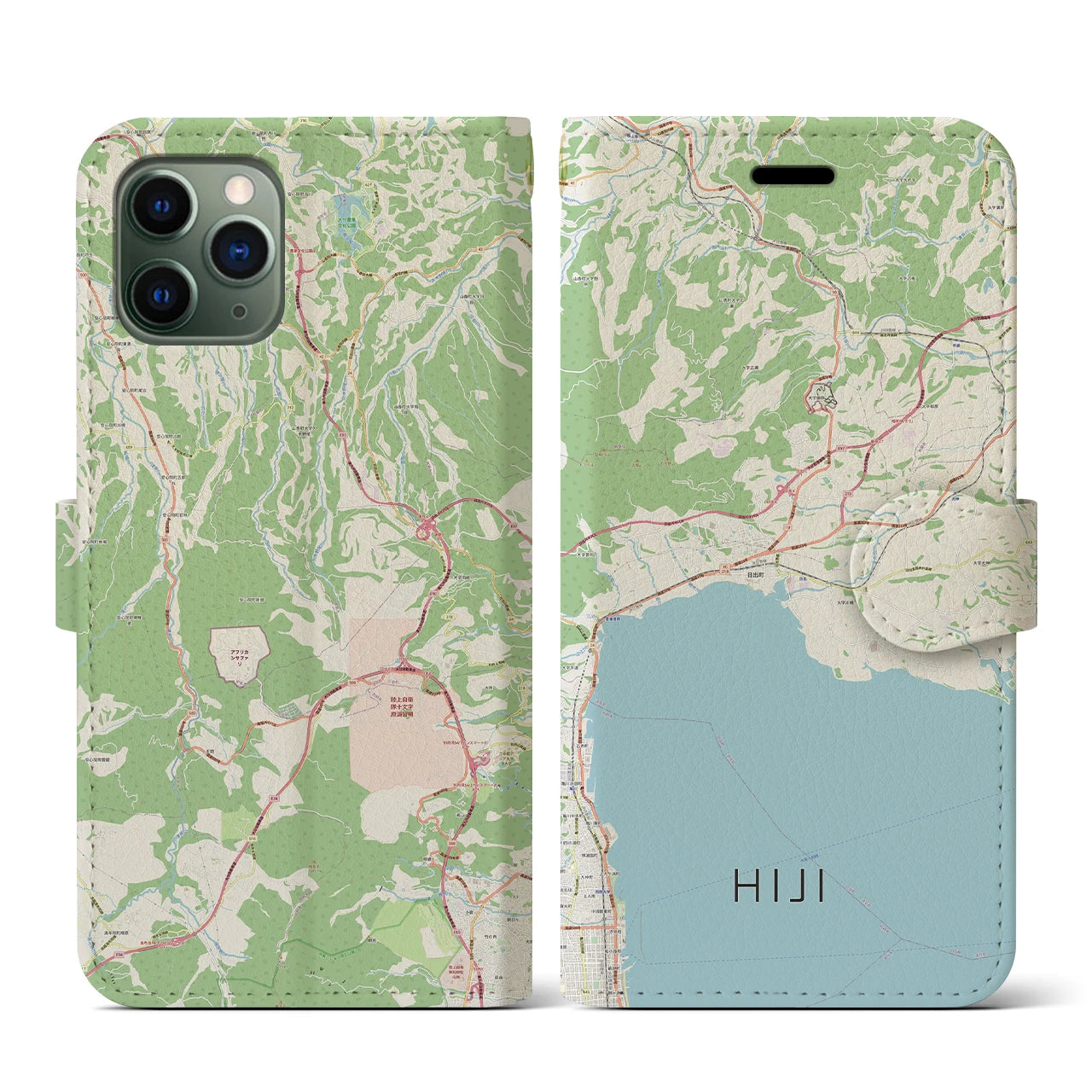 【日出(大分県)】地図柄iPhoneケース(手帳タイプ)ナチュラル・iPhone 11 Pro 用