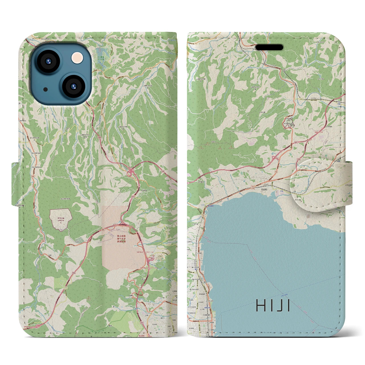 【日出(大分県)】地図柄iPhoneケース(手帳タイプ)ナチュラル・iPhone 13 用