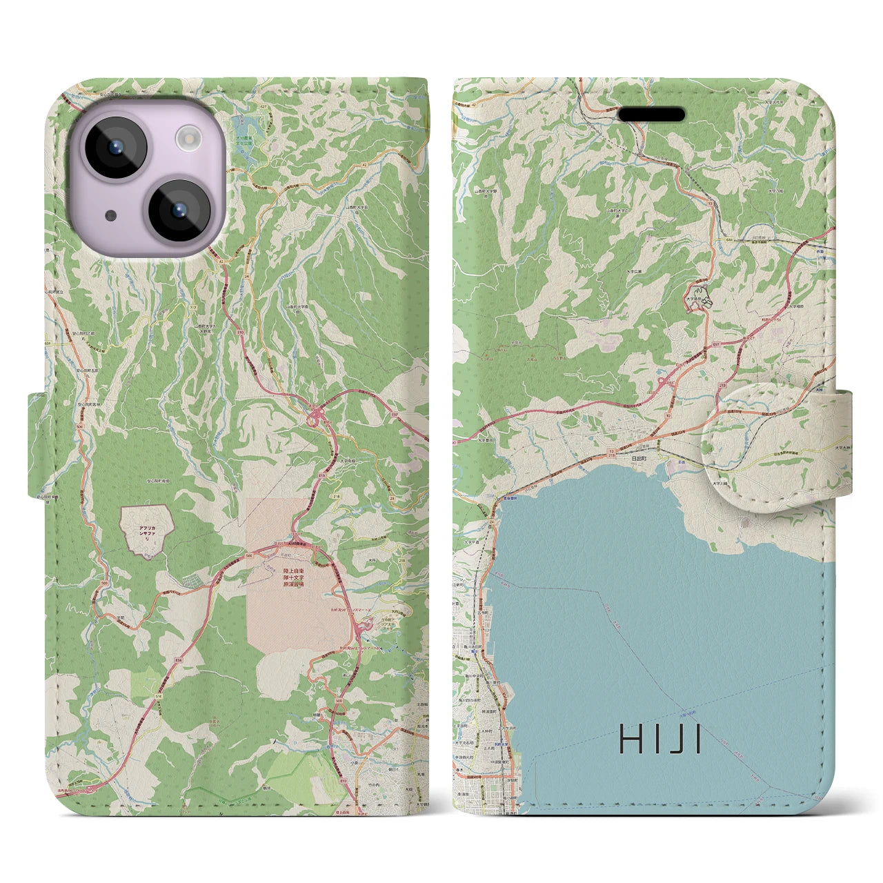 【日出(大分県)】地図柄iPhoneケース(手帳タイプ)ナチュラル・iPhone 14 用