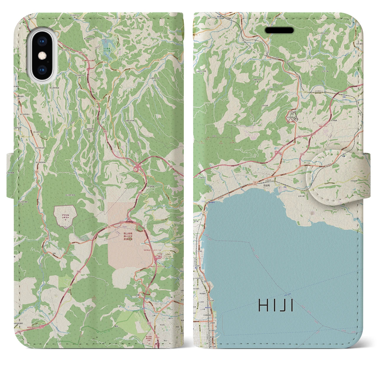 【日出(大分県)】地図柄iPhoneケース(手帳タイプ)ナチュラル・iPhone XS Max 用