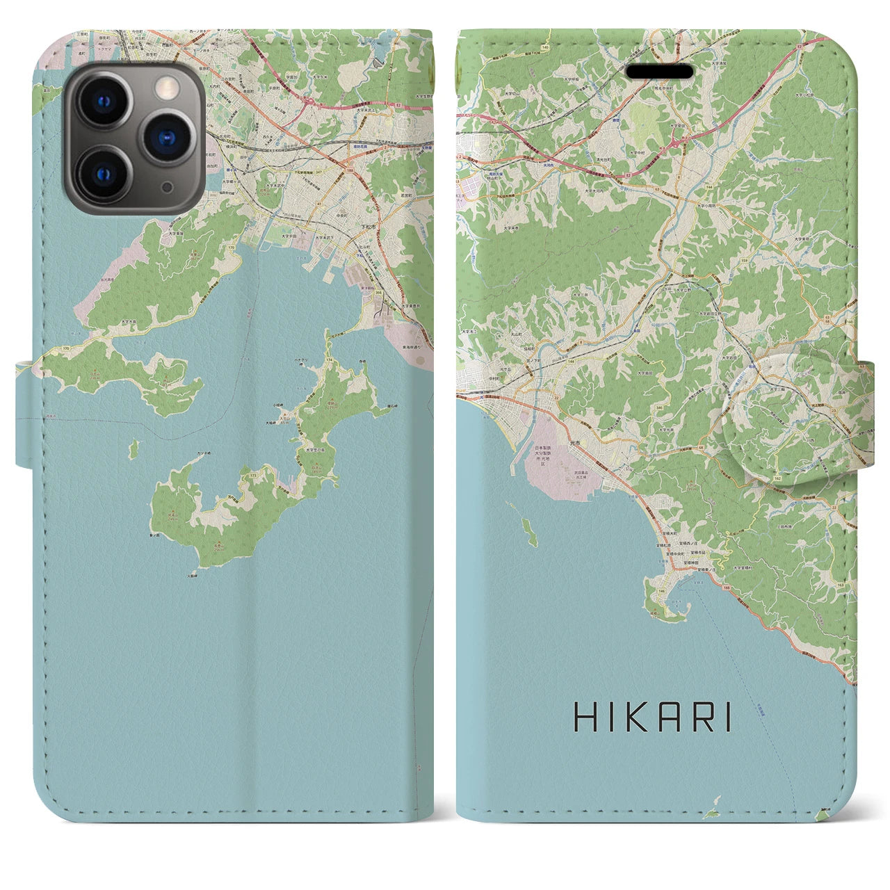【光(山口県)】地図柄iPhoneケース(手帳タイプ)ナチュラル・iPhone 11 Pro Max 用