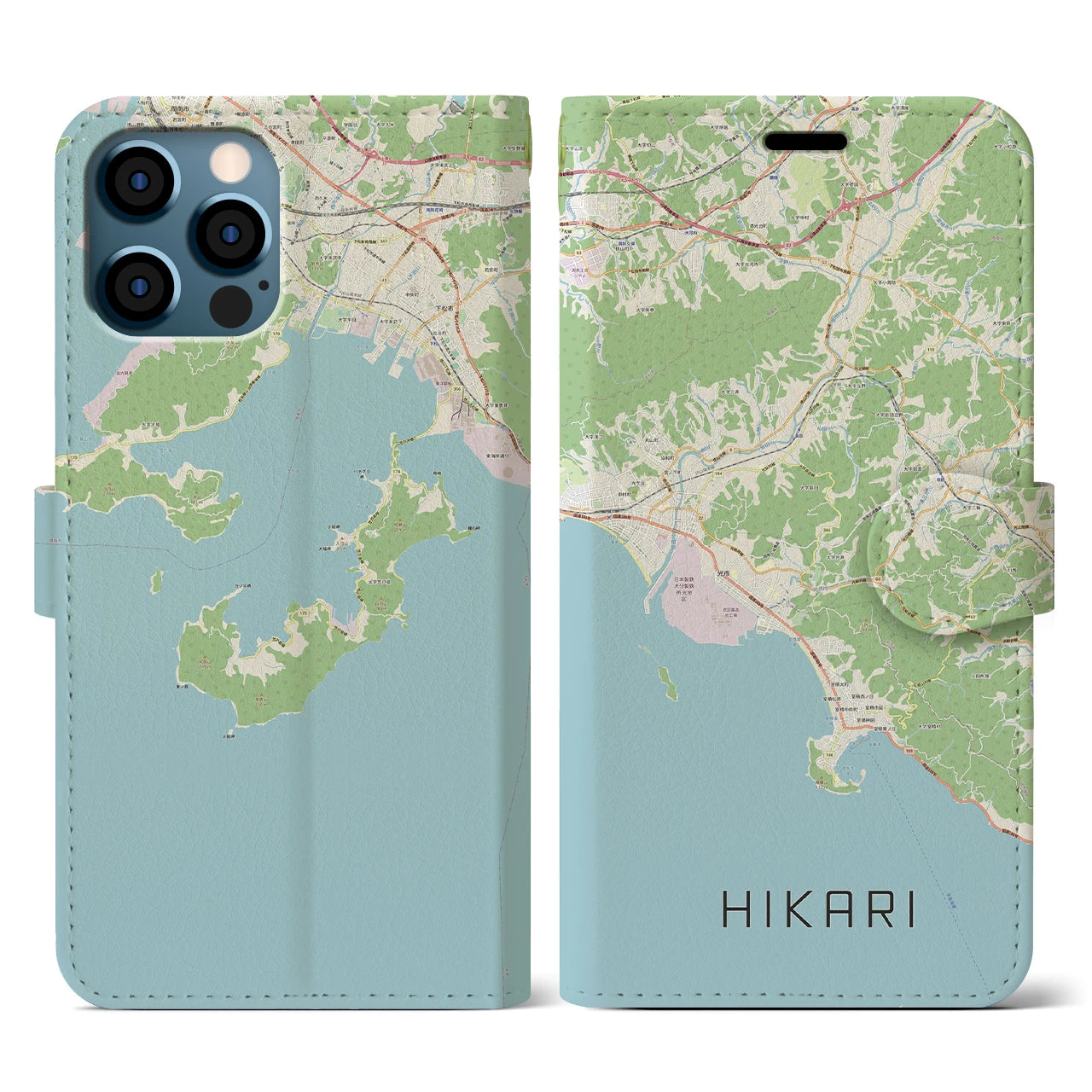 【光(山口県)】地図柄iPhoneケース(手帳タイプ)ナチュラル・iPhone 12 / 12 Pro 用