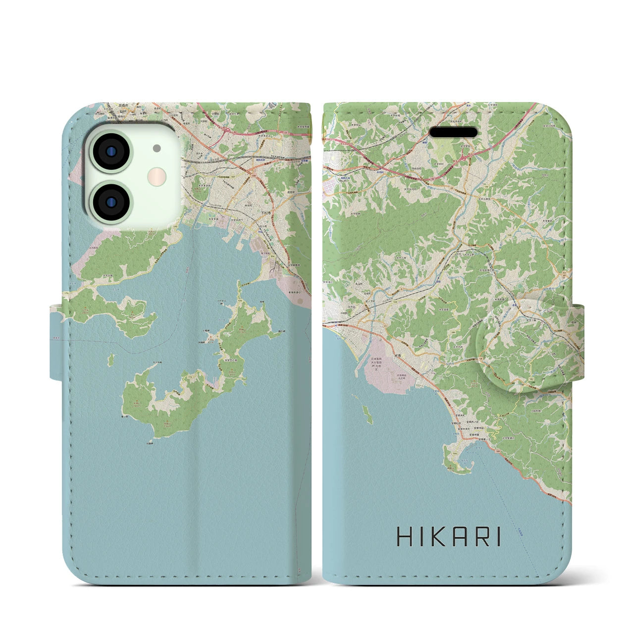 【光(山口県)】地図柄iPhoneケース(手帳タイプ)ナチュラル・iPhone 12 mini 用