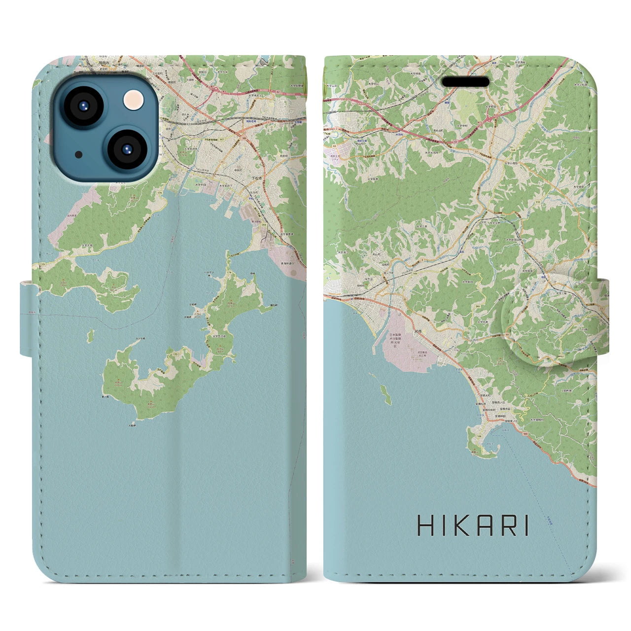 【光(山口県)】地図柄iPhoneケース(手帳タイプ)ナチュラル・iPhone 13 用