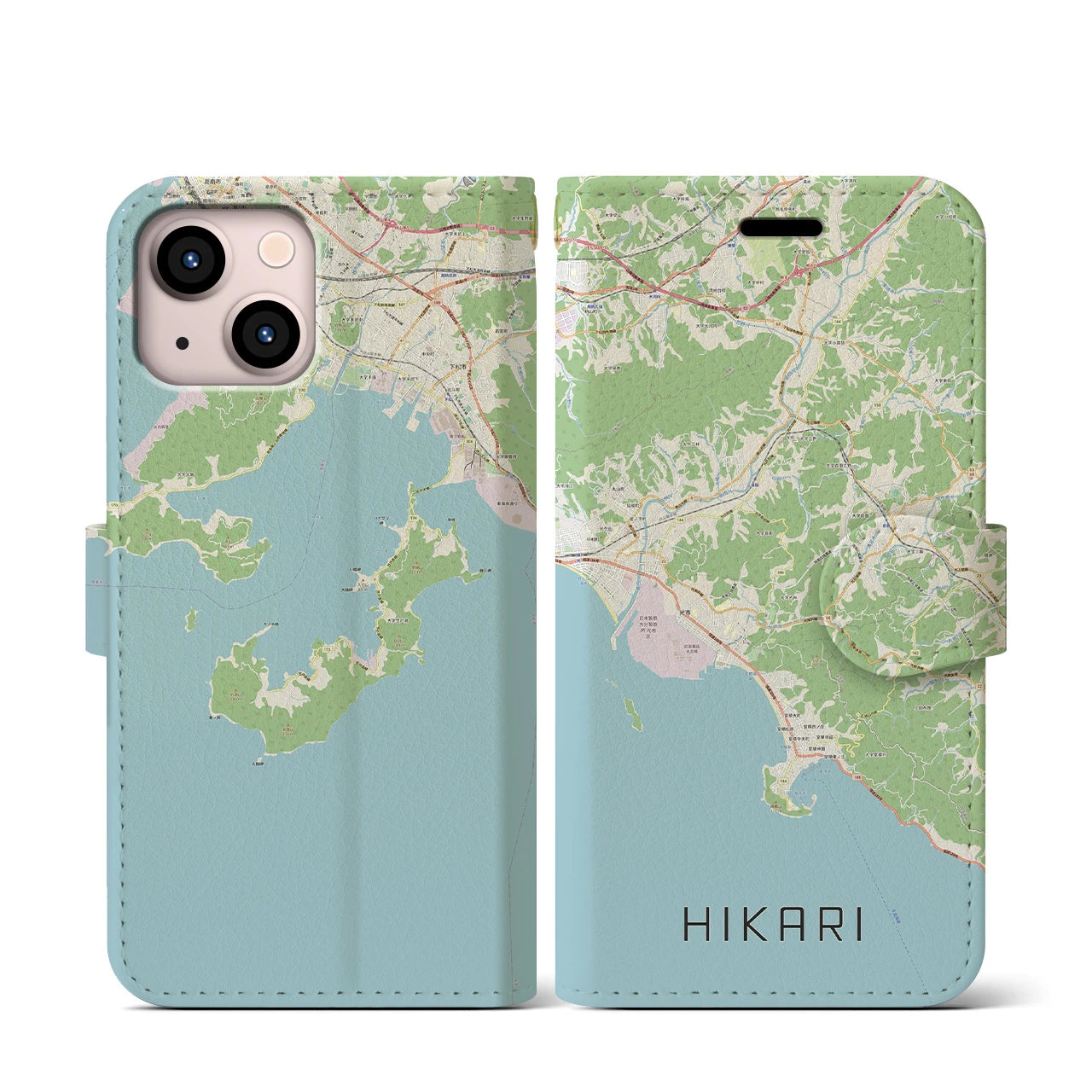 【光(山口県)】地図柄iPhoneケース(手帳タイプ)ナチュラル・iPhone 13 mini 用