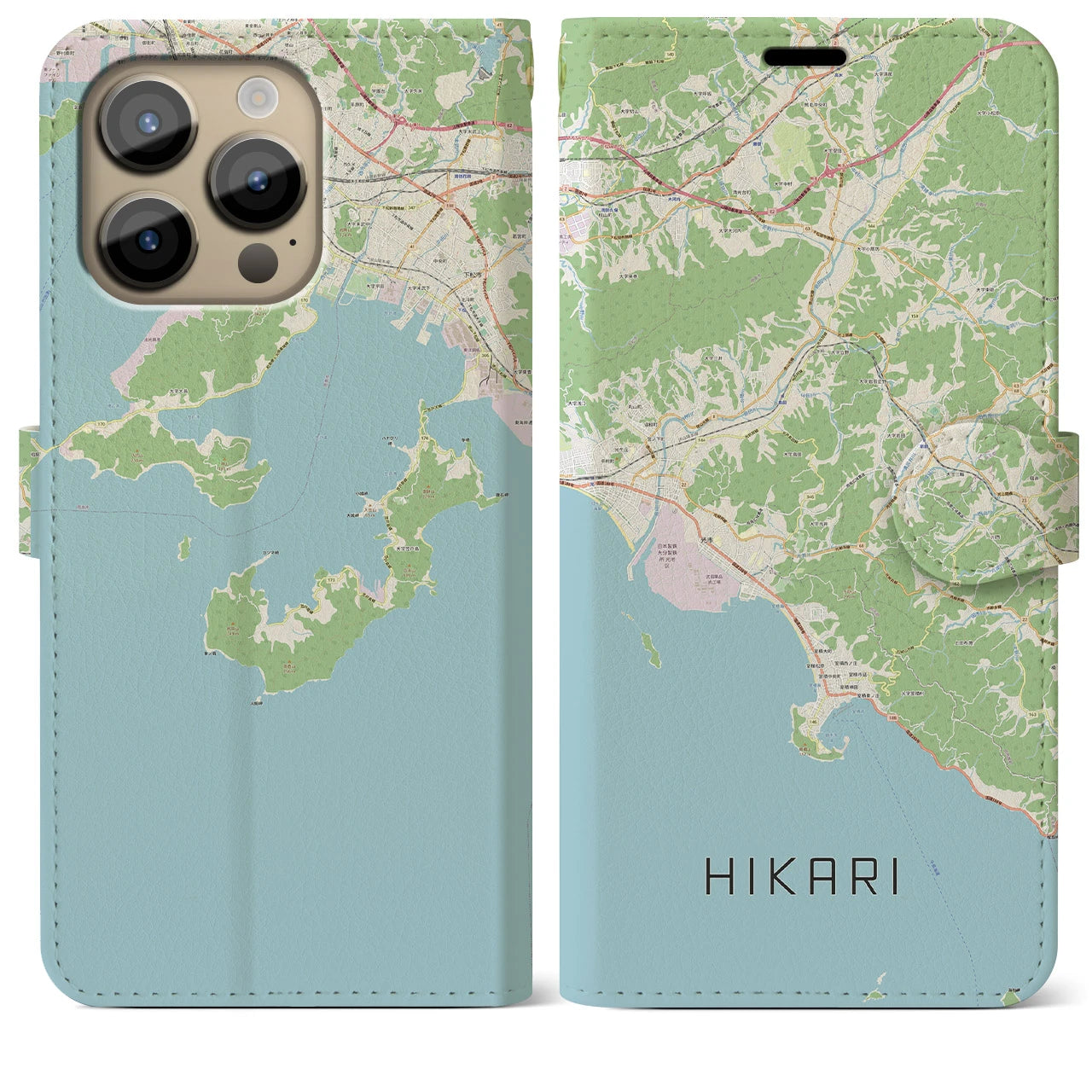【光(山口県)】地図柄iPhoneケース(手帳タイプ)ナチュラル・iPhone 14 Pro Max 用
