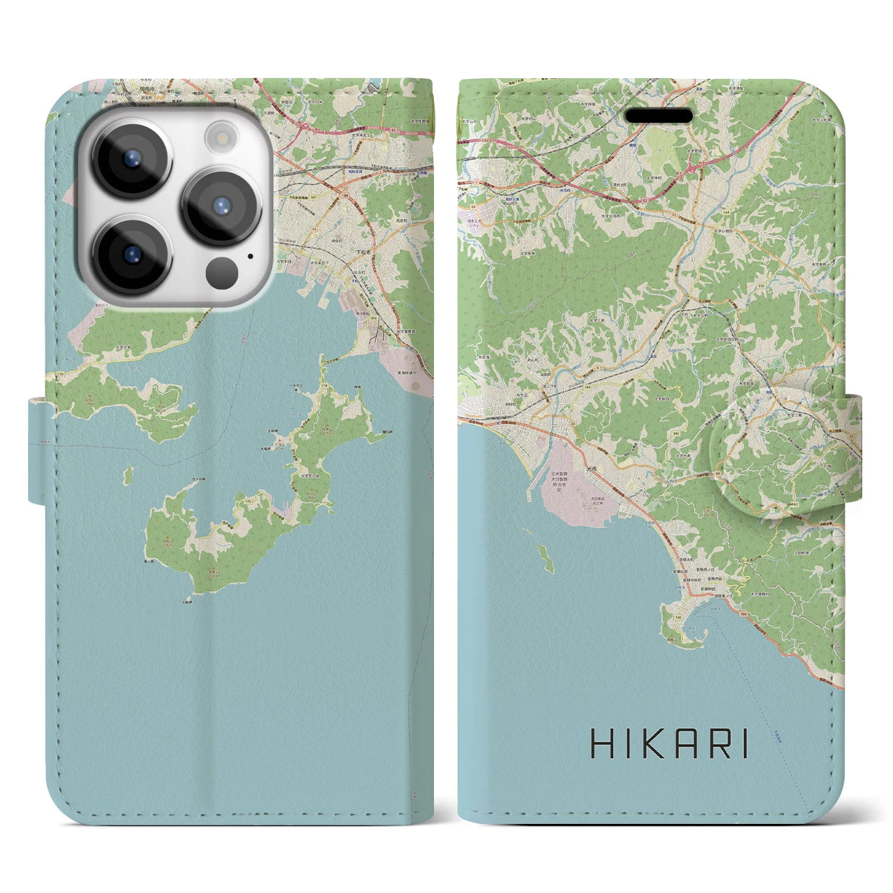 【光(山口県)】地図柄iPhoneケース(手帳タイプ)ナチュラル・iPhone 14 Pro 用