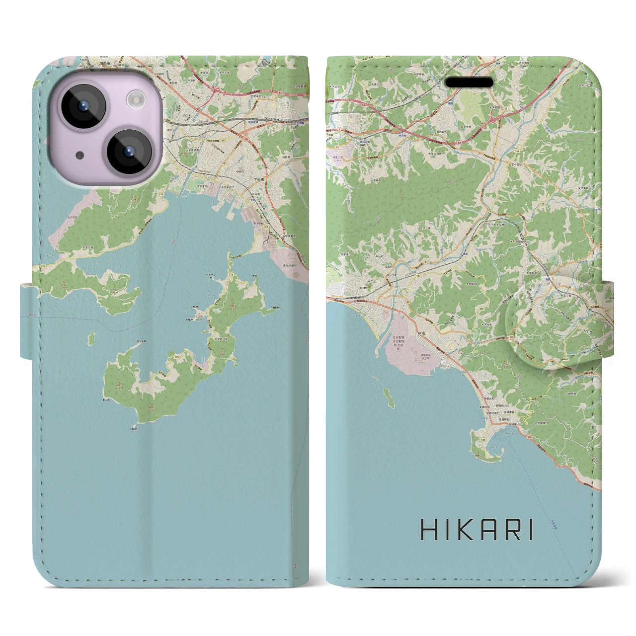 【光(山口県)】地図柄iPhoneケース(手帳タイプ)ナチュラル・iPhone 14 用