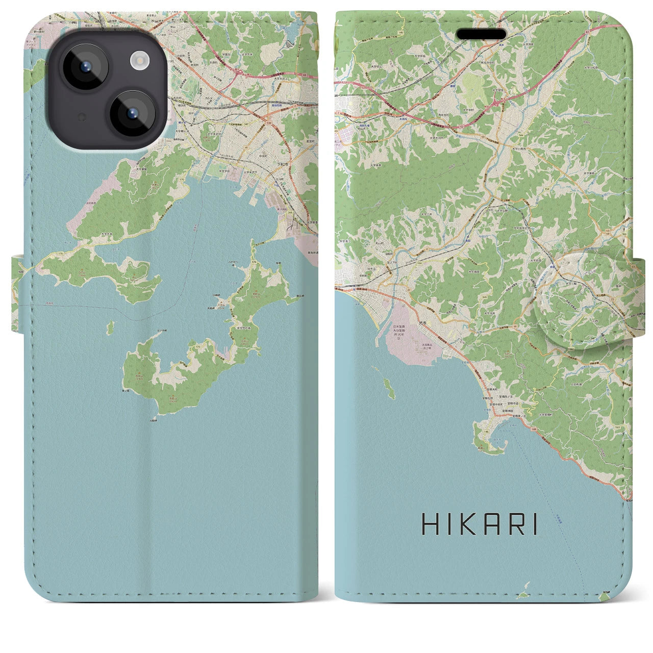 【光(山口県)】地図柄iPhoneケース(手帳タイプ)ナチュラル・iPhone 14 Plus 用