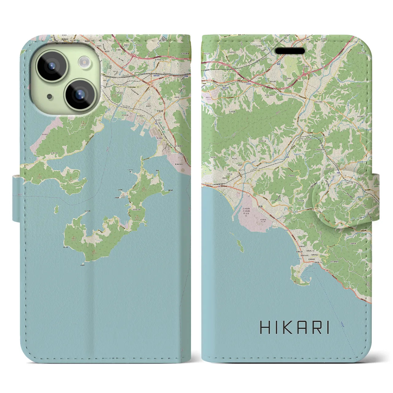 【光(山口県)】地図柄iPhoneケース(手帳タイプ)ナチュラル・iPhone 15 用