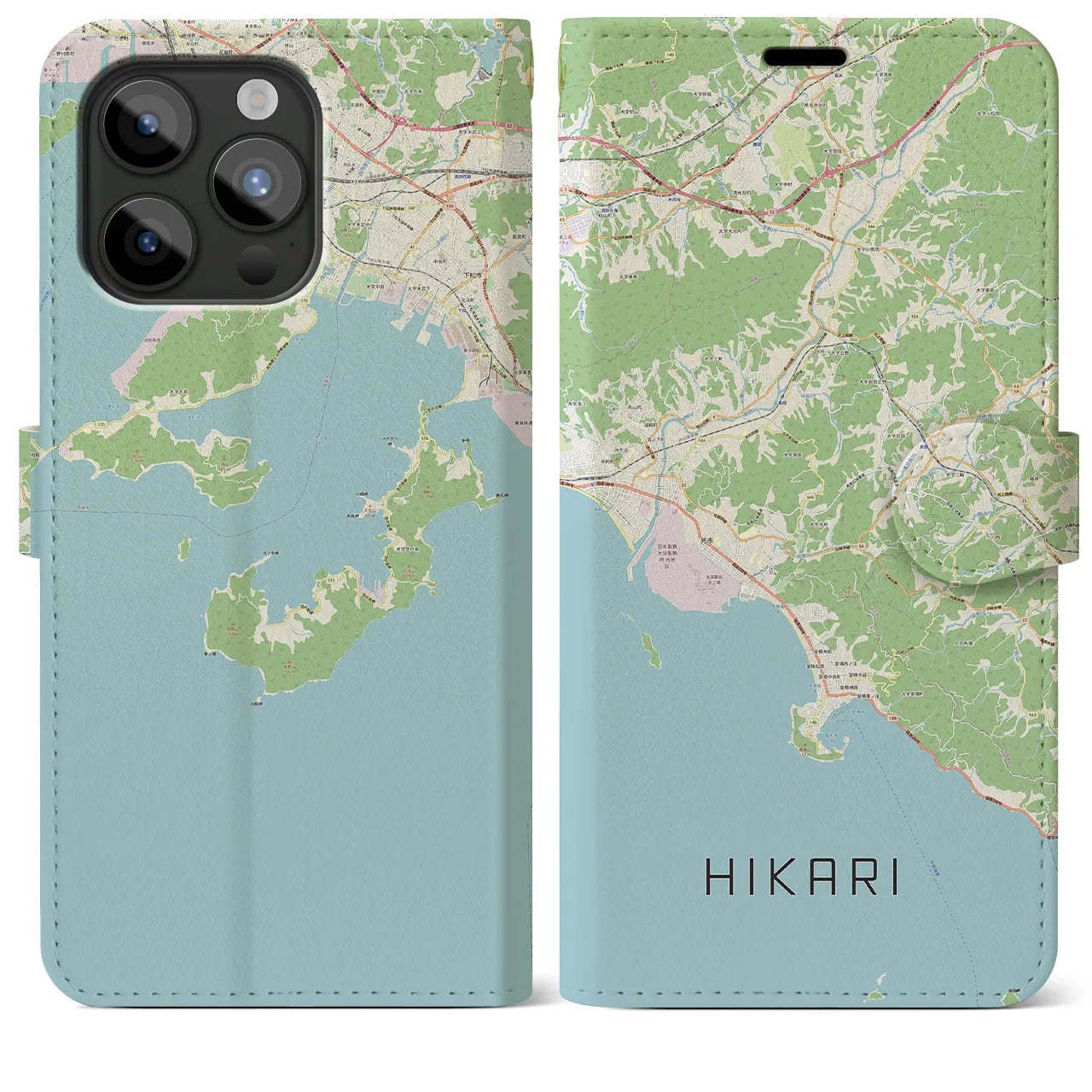 【光(山口県)】地図柄iPhoneケース(手帳タイプ)ナチュラル・iPhone 15 Pro Max 用