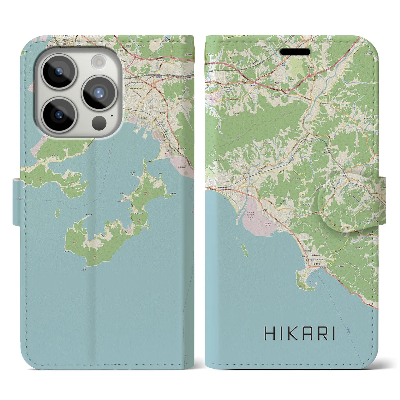 【光(山口県)】地図柄iPhoneケース(手帳タイプ)ナチュラル・iPhone 15 Pro 用
