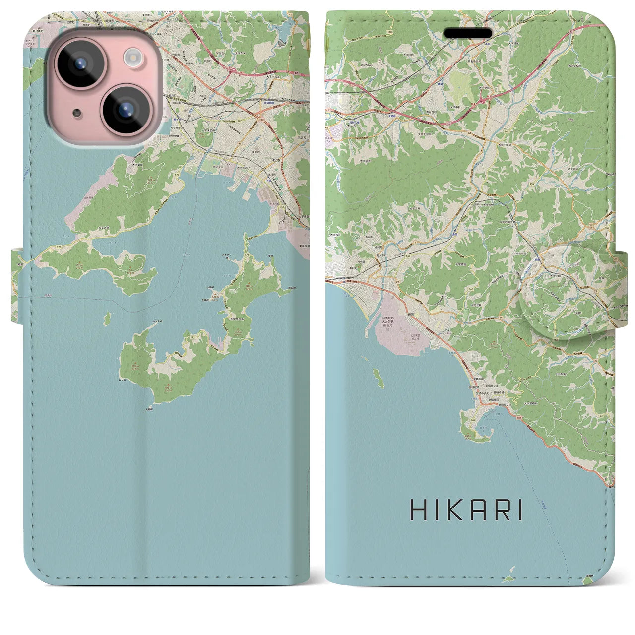 【光(山口県)】地図柄iPhoneケース(手帳タイプ)ナチュラル・iPhone 15 Plus 用