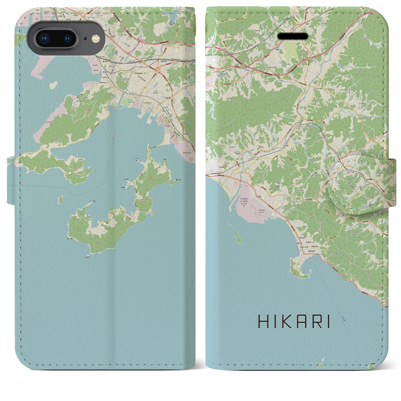 【光(山口県)】地図柄iPhoneケース(手帳タイプ)ナチュラル・iPhone 8Plus /7Plus / 6sPlus / 6Plus 用