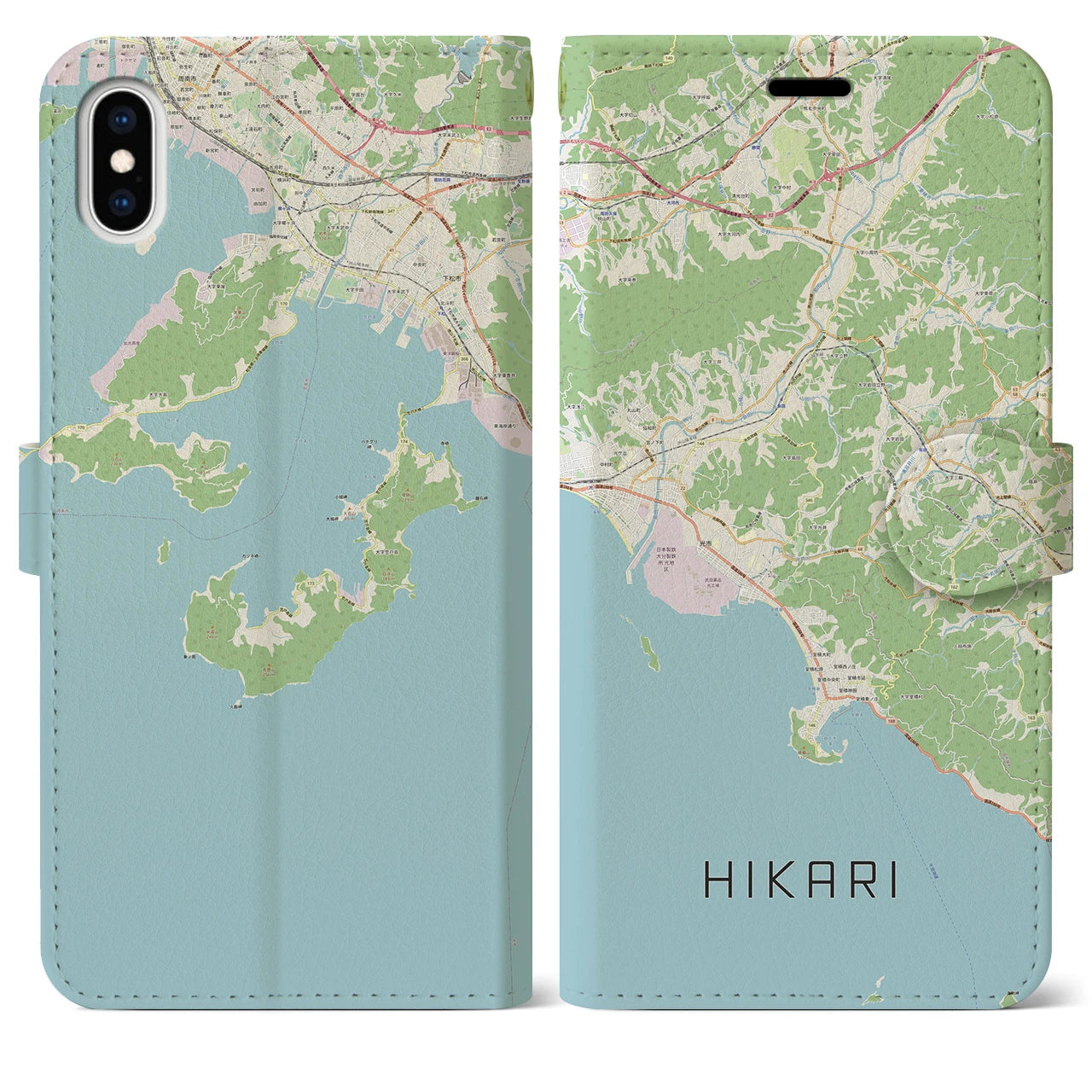 【光(山口県)】地図柄iPhoneケース(手帳タイプ)ナチュラル・iPhone XS Max 用
