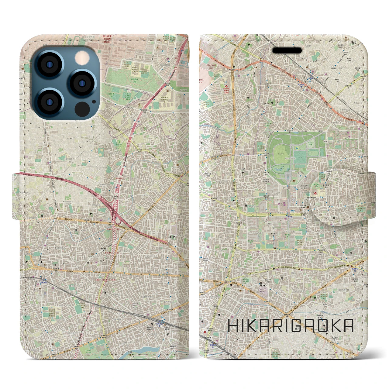 【光が丘(東京都)】地図柄iPhoneケース(手帳タイプ)ナチュラル・iPhone 12 / 12 Pro 用