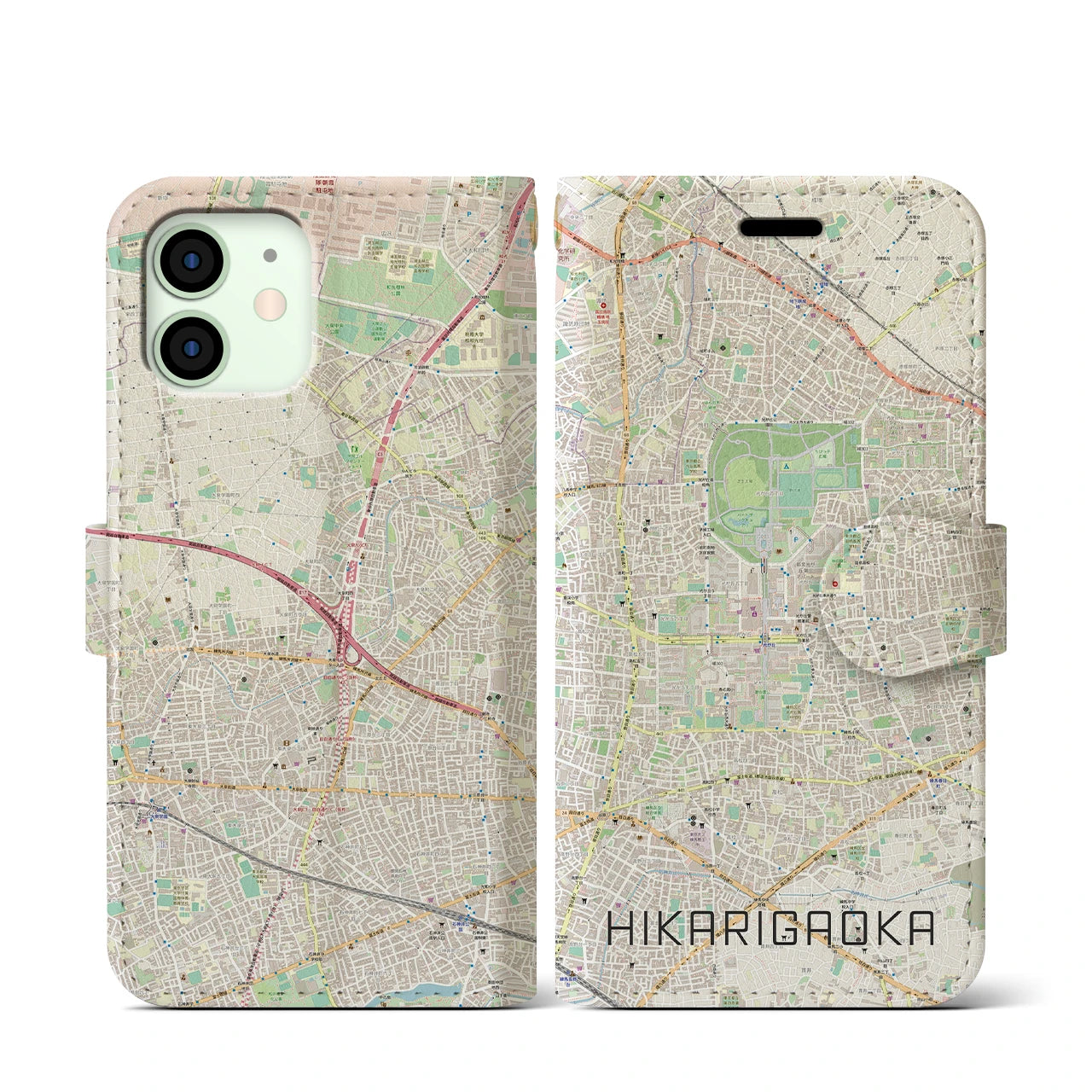 【光が丘(東京都)】地図柄iPhoneケース(手帳タイプ)ナチュラル・iPhone 12 mini 用