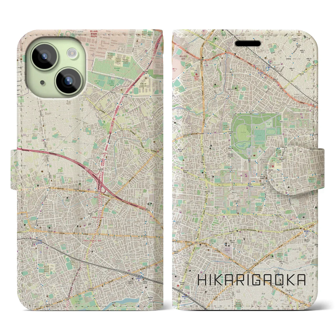 【光が丘(東京都)】地図柄iPhoneケース(手帳タイプ)ナチュラル・iPhone 15 用