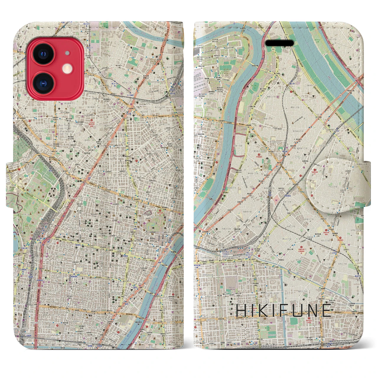 【曳舟(東京都)】地図柄iPhoneケース(手帳タイプ)ナチュラル・iPhone 11 用