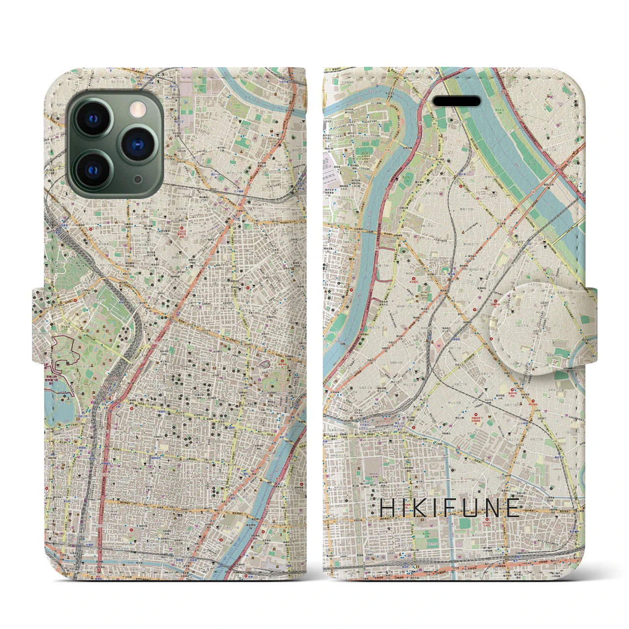 【曳舟(東京都)】地図柄iPhoneケース(手帳タイプ)ナチュラル・iPhone 11 Pro 用