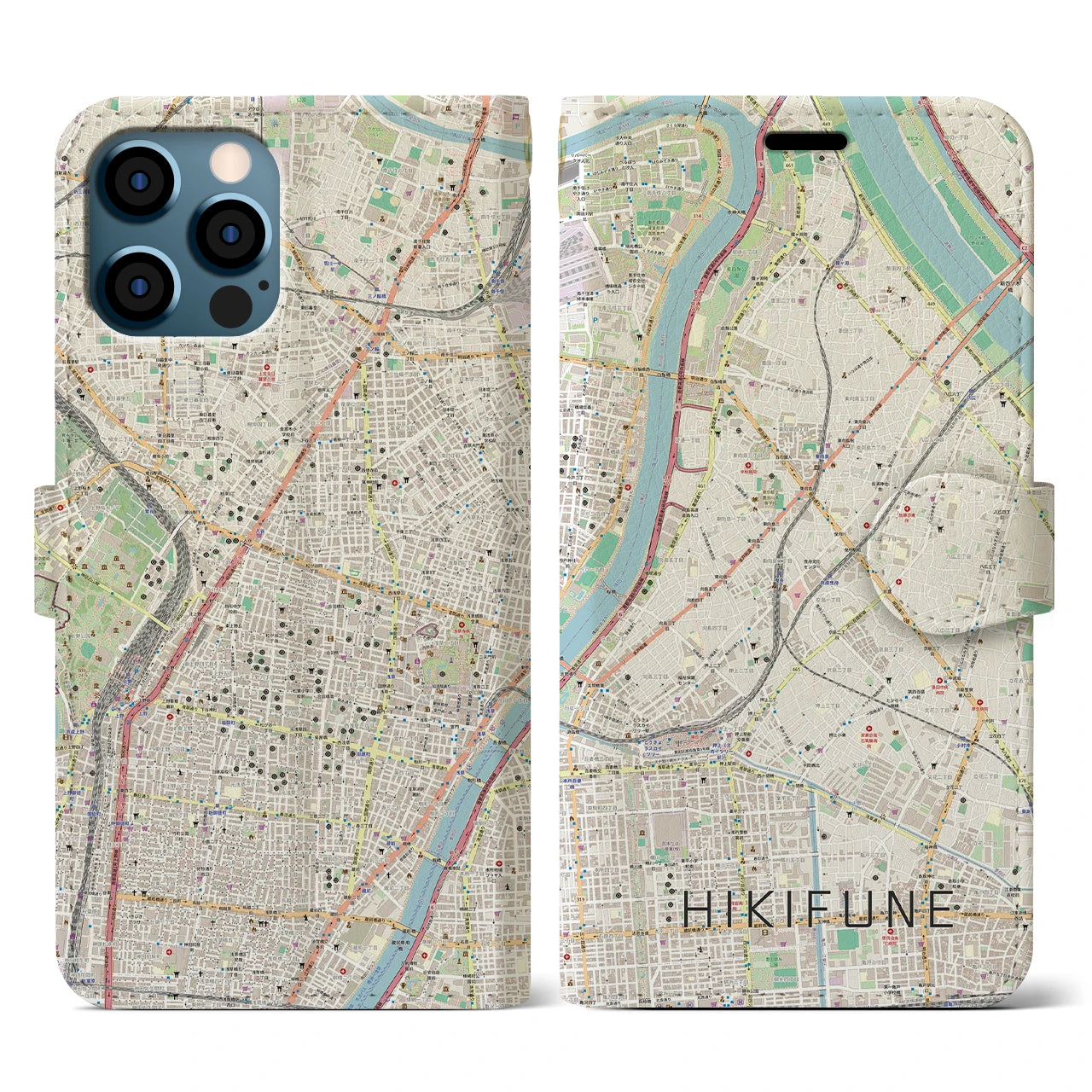 【曳舟(東京都)】地図柄iPhoneケース(手帳タイプ)ナチュラル・iPhone 12 / 12 Pro 用