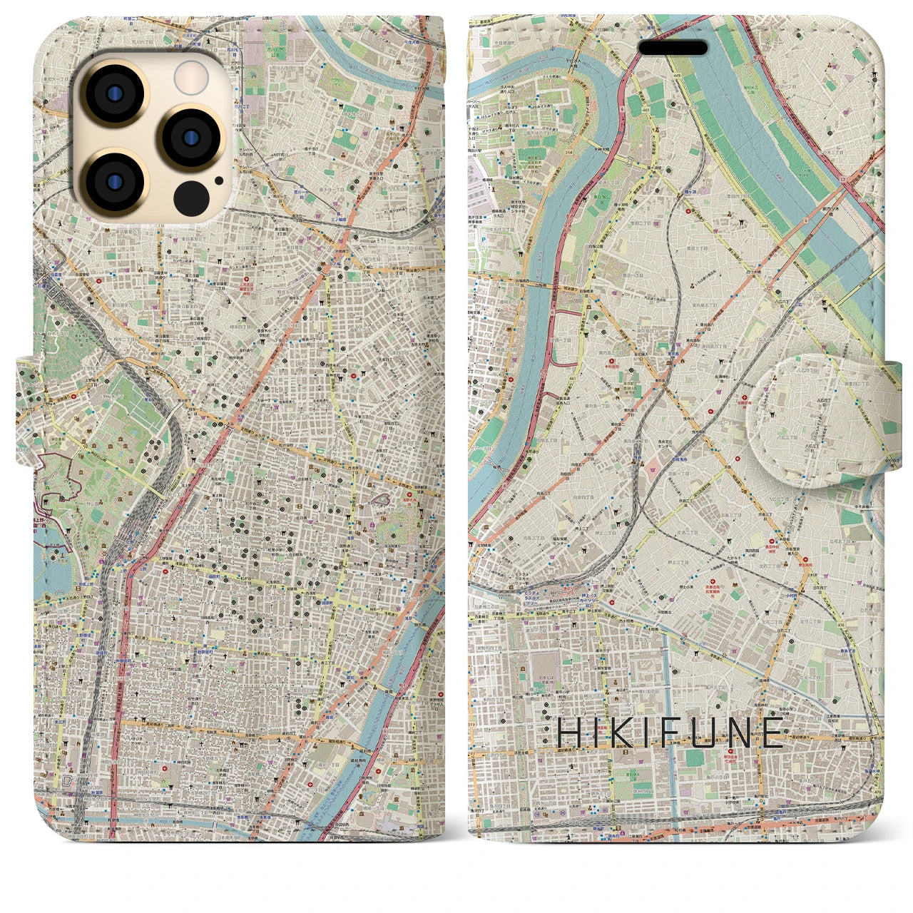 【曳舟(東京都)】地図柄iPhoneケース(手帳タイプ)ナチュラル・iPhone 12 Pro Max 用
