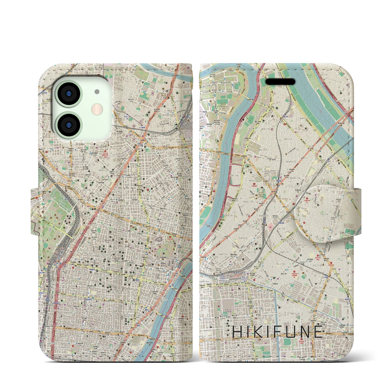 【曳舟(東京都)】地図柄iPhoneケース(手帳タイプ)ナチュラル・iPhone 12 mini 用