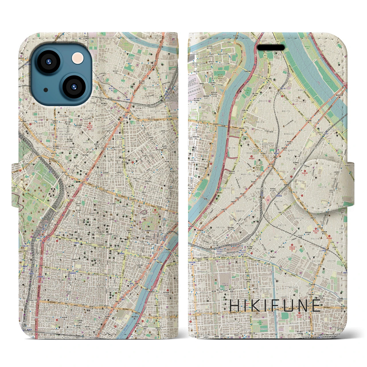 【曳舟(東京都)】地図柄iPhoneケース(手帳タイプ)ナチュラル・iPhone 13 用