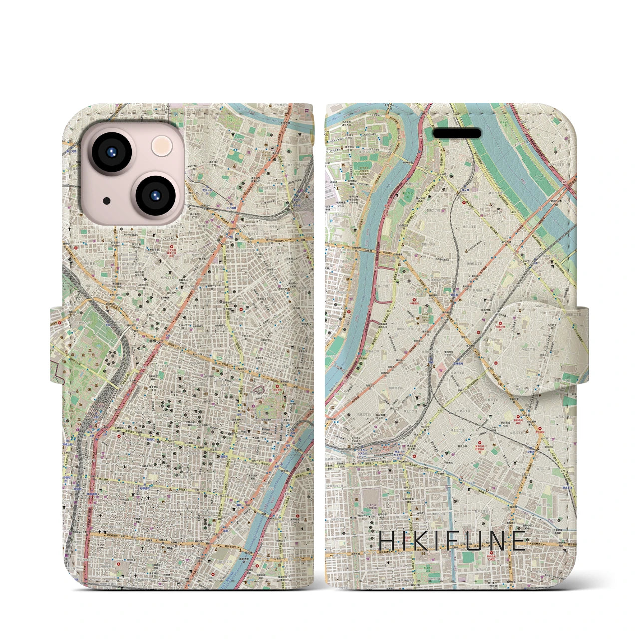 【曳舟(東京都)】地図柄iPhoneケース(手帳タイプ)ナチュラル・iPhone 13 mini 用