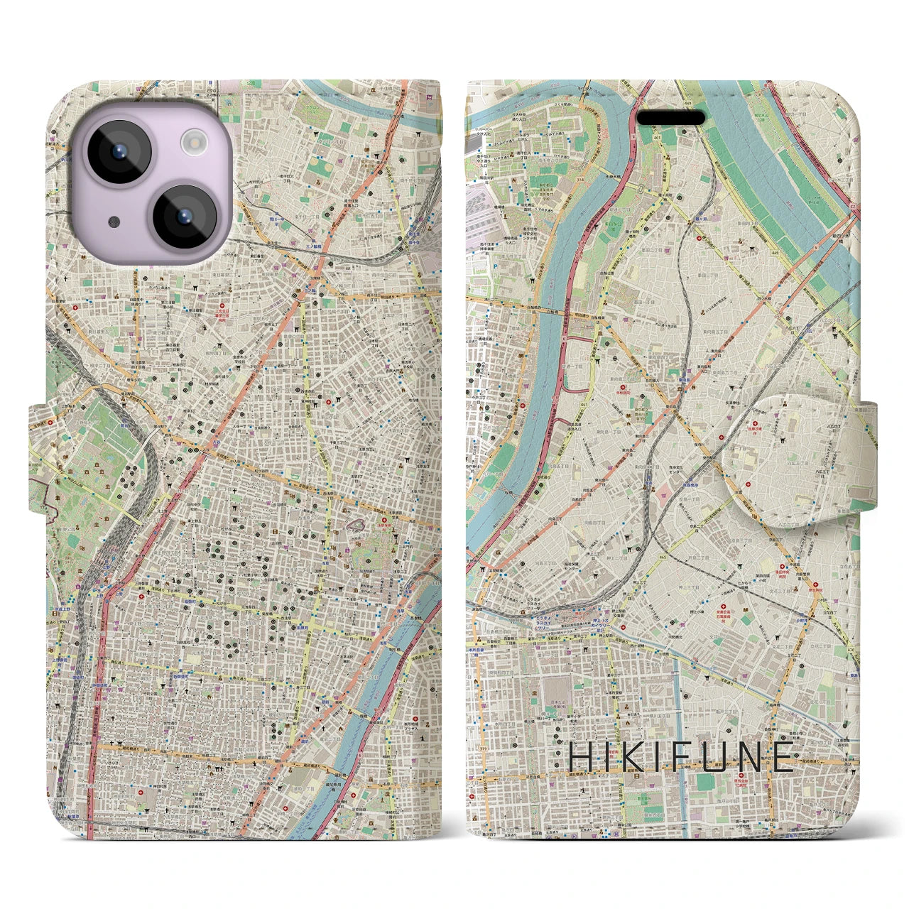 【曳舟(東京都)】地図柄iPhoneケース(手帳タイプ)ナチュラル・iPhone 14 用