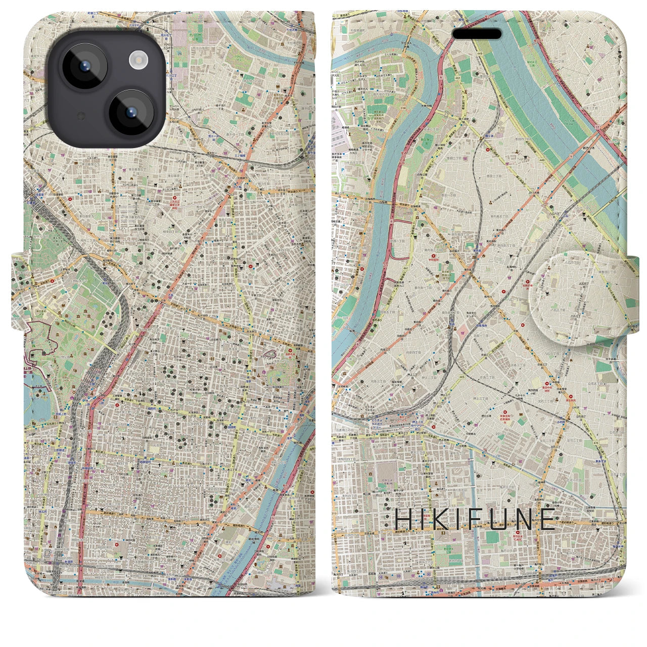 【曳舟(東京都)】地図柄iPhoneケース(手帳タイプ)ナチュラル・iPhone 14 Plus 用