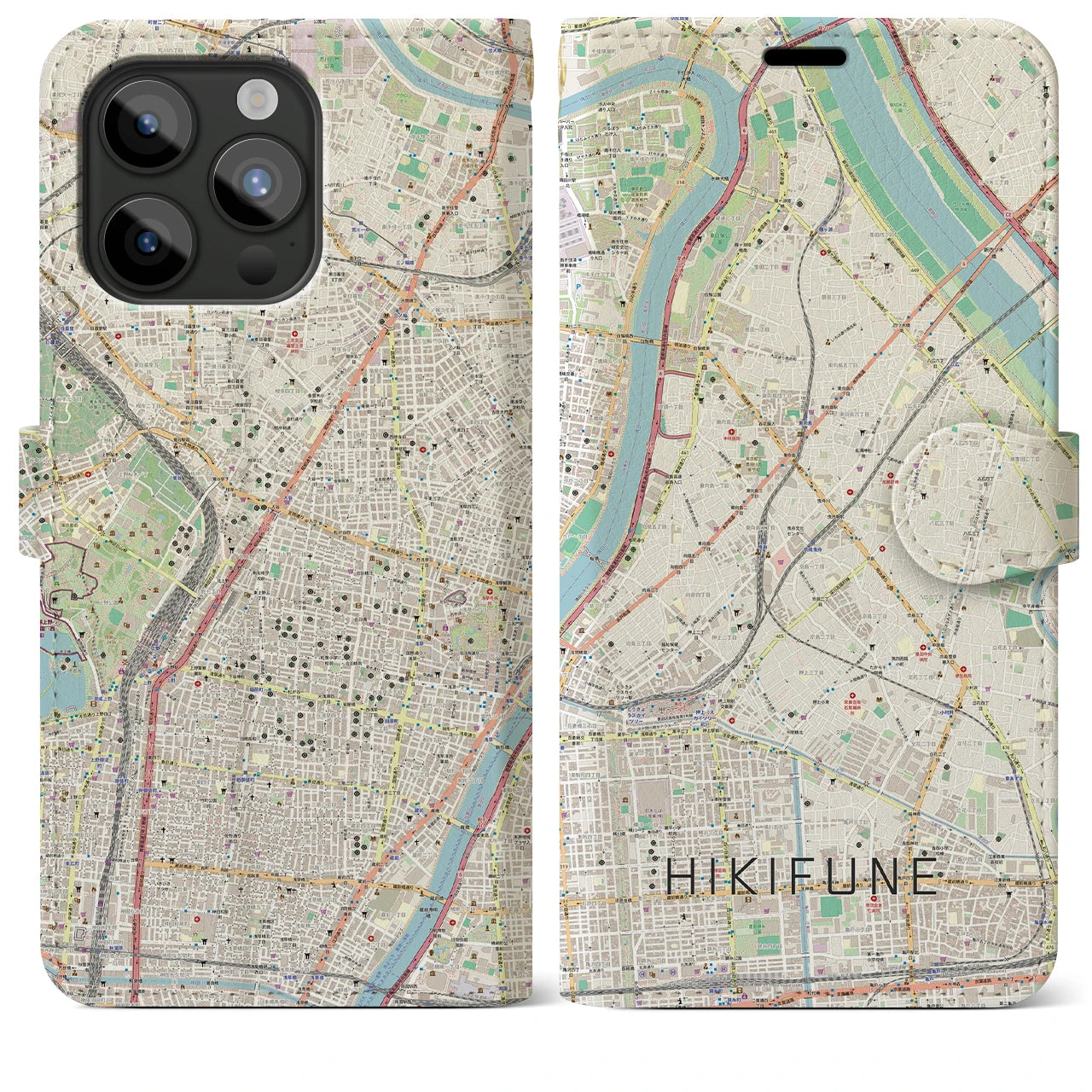 【曳舟(東京都)】地図柄iPhoneケース(手帳タイプ)ナチュラル・iPhone 15 Pro Max 用