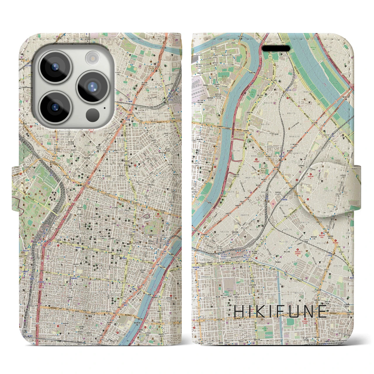 【曳舟(東京都)】地図柄iPhoneケース(手帳タイプ)ナチュラル・iPhone 15 Pro 用