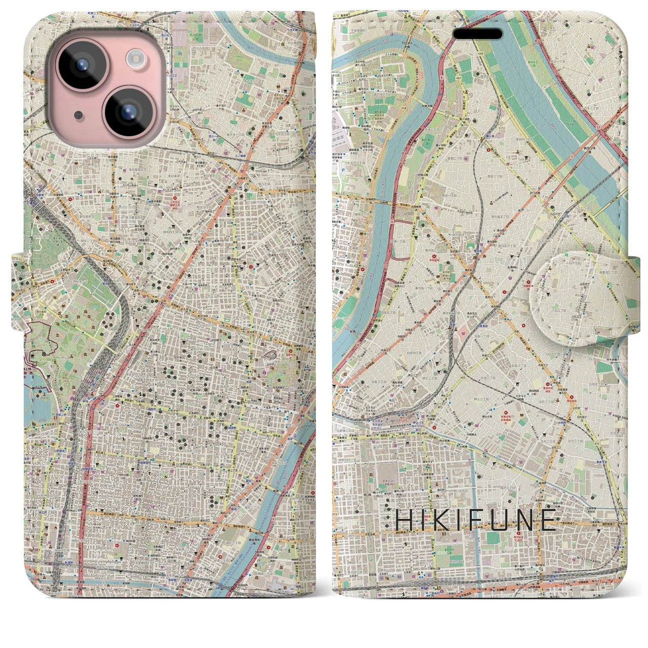 【曳舟(東京都)】地図柄iPhoneケース(手帳タイプ)ナチュラル・iPhone 15 Plus 用