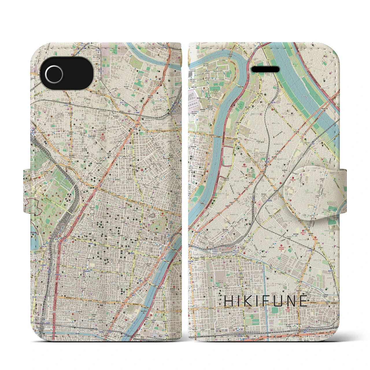 【曳舟(東京都)】地図柄iPhoneケース(手帳タイプ)ナチュラル・iPhone SE(第3 / 第2世代) / 8 / 7 / 6s / 6 用