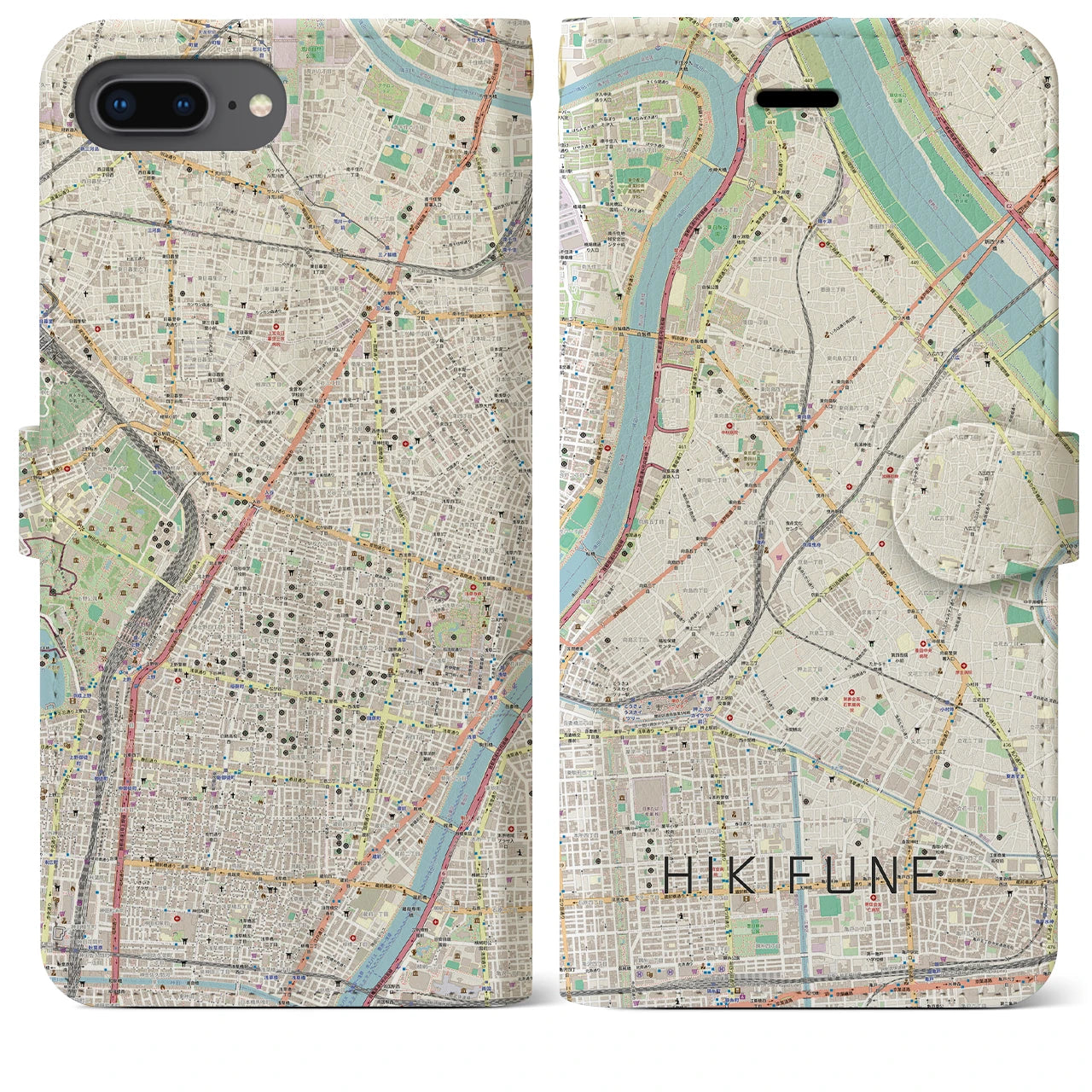 【曳舟(東京都)】地図柄iPhoneケース(手帳タイプ)ナチュラル・iPhone 8Plus /7Plus / 6sPlus / 6Plus 用