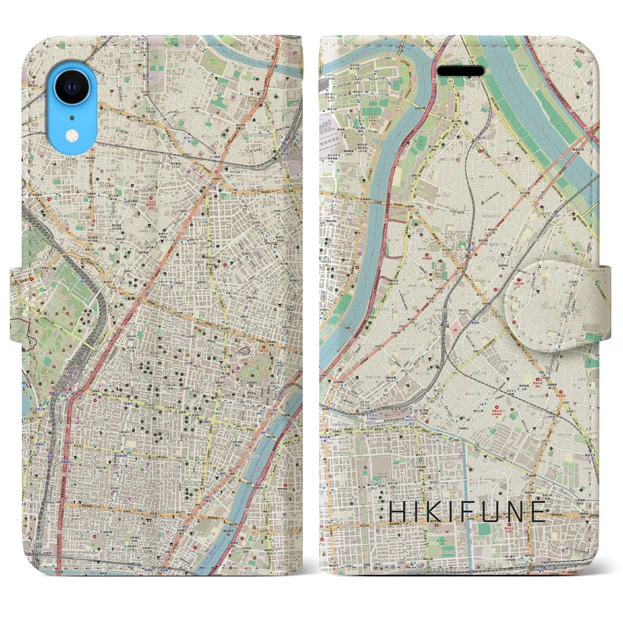 【曳舟(東京都)】地図柄iPhoneケース(手帳タイプ)ナチュラル・iPhone XR 用