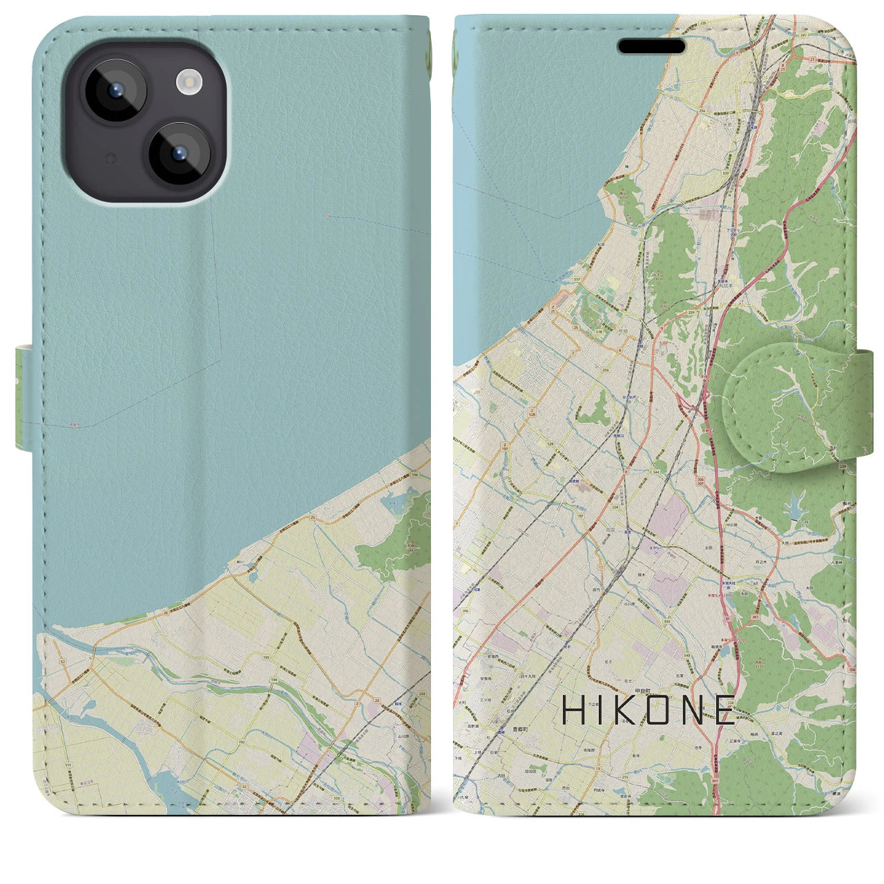 【彦根(滋賀県)】地図柄iPhoneケース(手帳タイプ)ナチュラル・iPhone 14 Plus 用