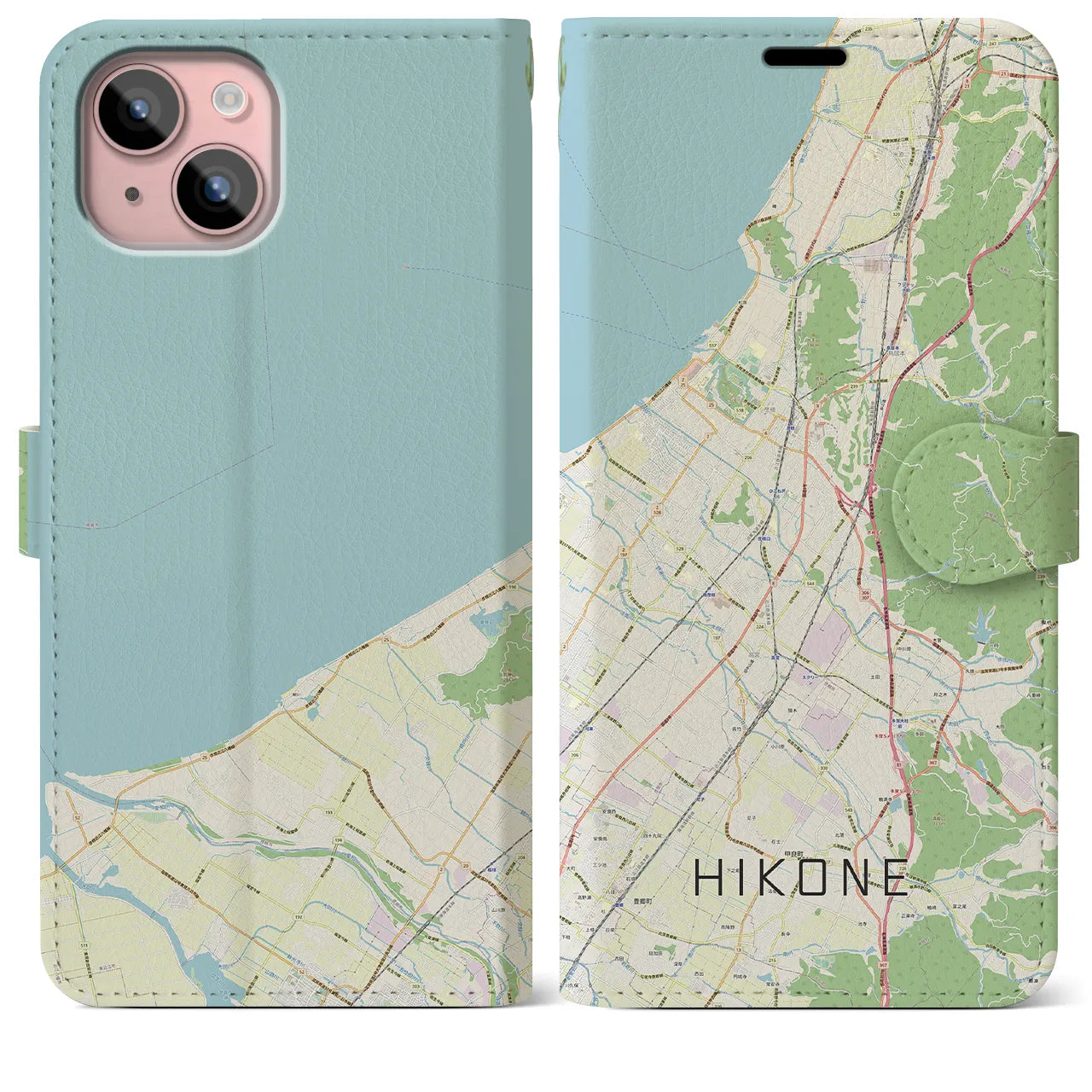 【彦根(滋賀県)】地図柄iPhoneケース(手帳タイプ)ナチュラル・iPhone 15 Plus 用