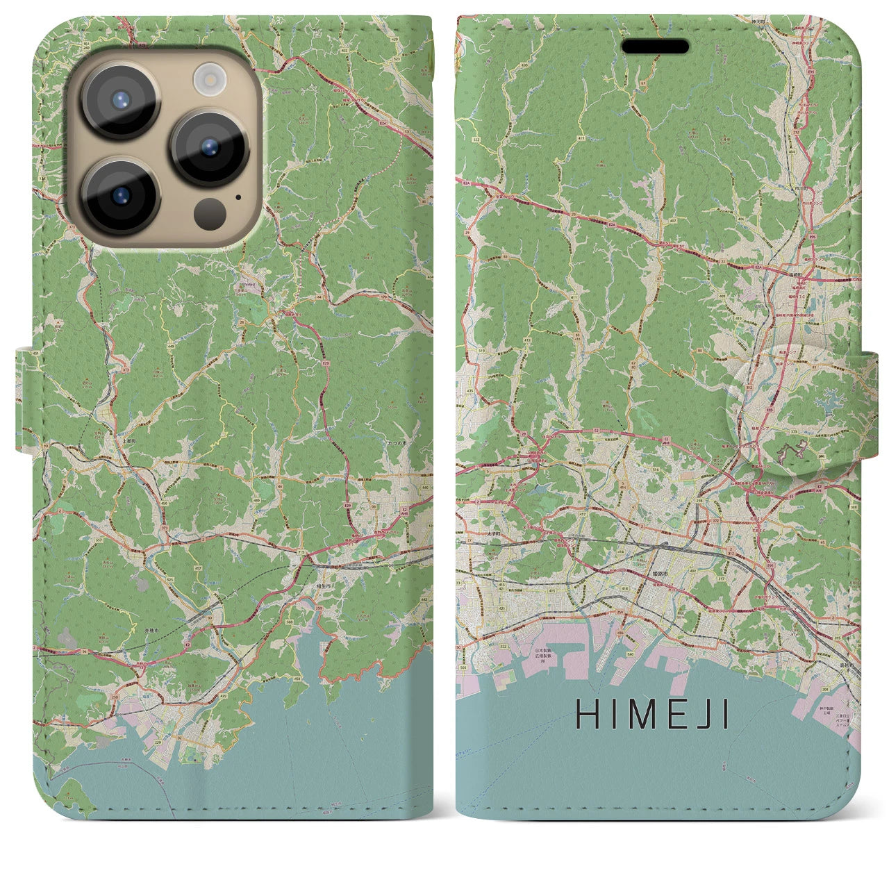 【姫路2(兵庫県)】地図柄iPhoneケース(手帳タイプ)ナチュラル・iPhone 14 Pro Max 用
