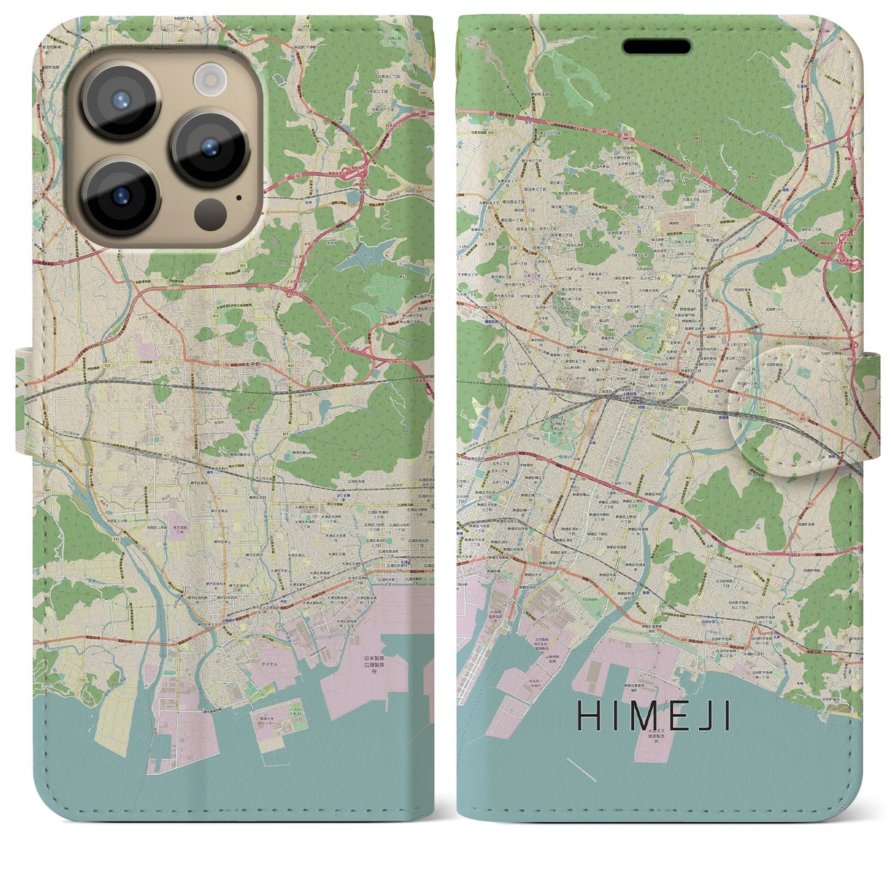 【姫路(兵庫県)】地図柄iPhoneケース(手帳タイプ)ナチュラル・iPhone 14 Pro Max 用