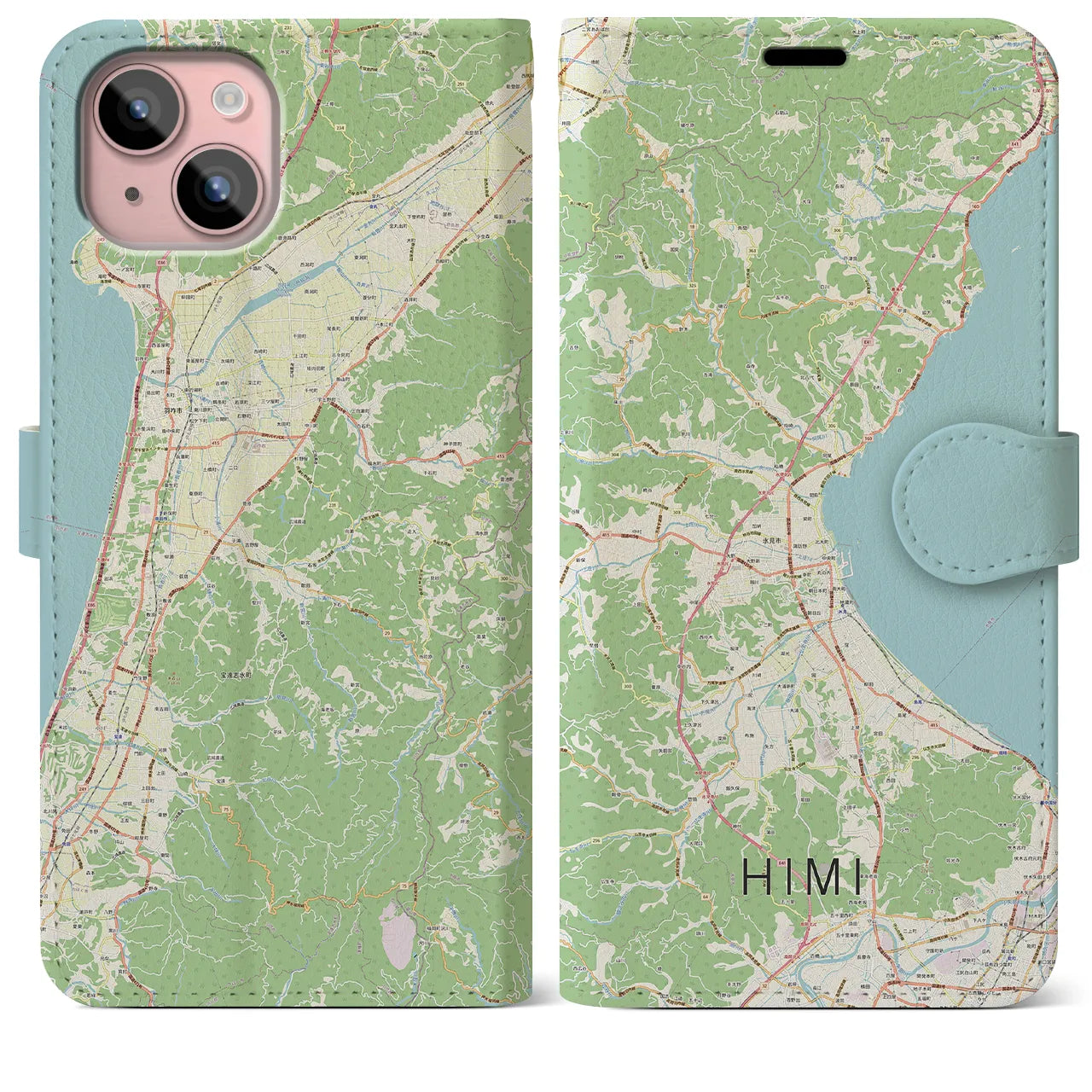 【氷見(富山県)】地図柄iPhoneケース(手帳タイプ)ナチュラル・iPhone 15 Plus 用